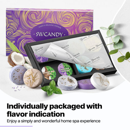 SWCANDY self care gift set collection showcasing the eight unique floral and herbal scents included in the package