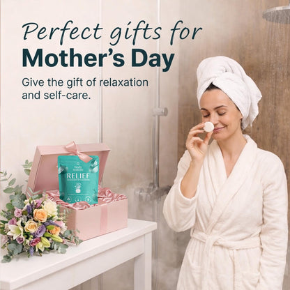 Individually wrapped Body Restore Relief eucalyptus and mint shower bomb tablets for daily self care.