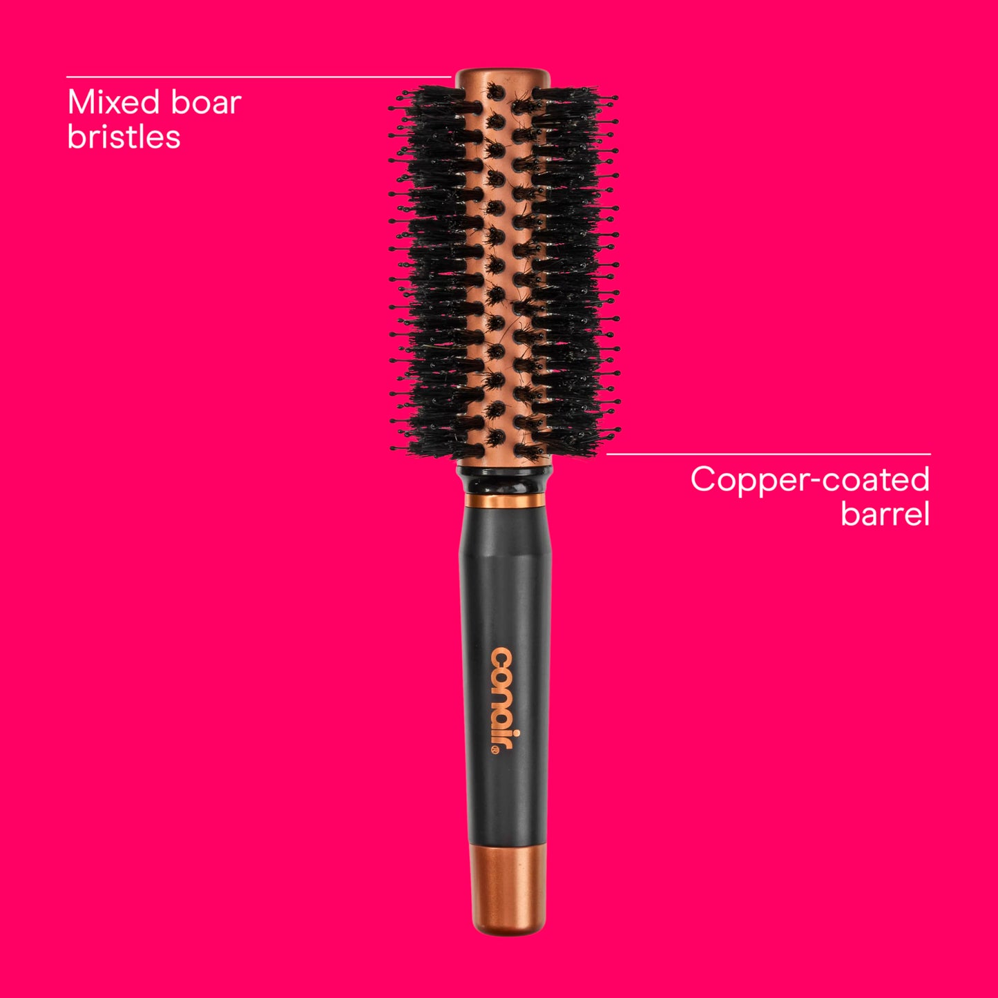 Conair copper-coated metal barrel brush angle view displaying the vented design for enhanced airflow.