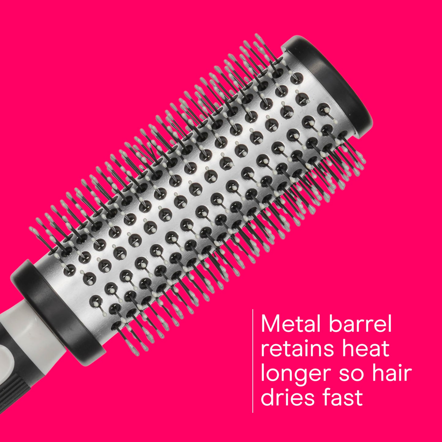 Side angle of the large round hot curling brush highlighting the metallic heat-retention barrel structure.