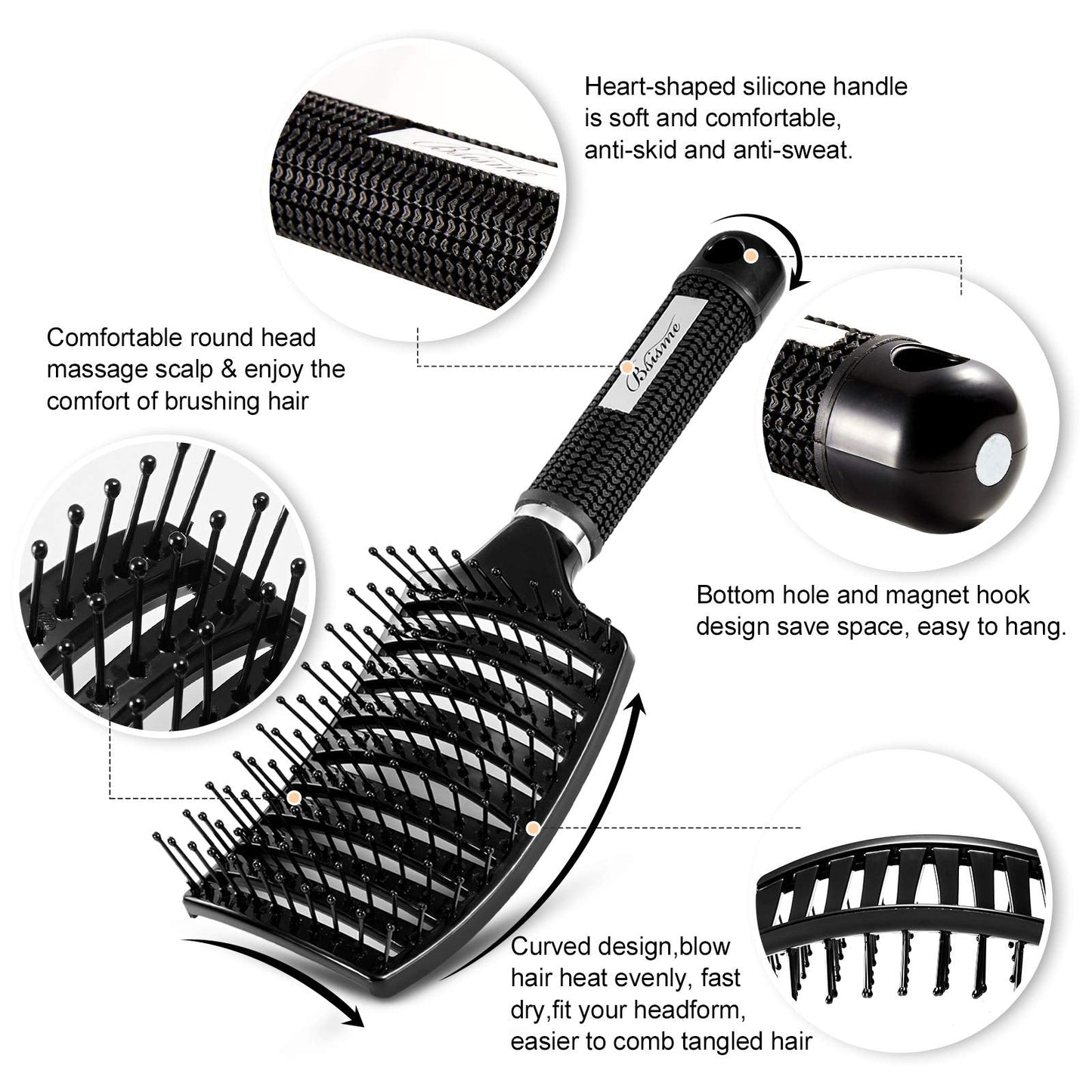 Bsisme vented brush showing curved design for scalp contouring
