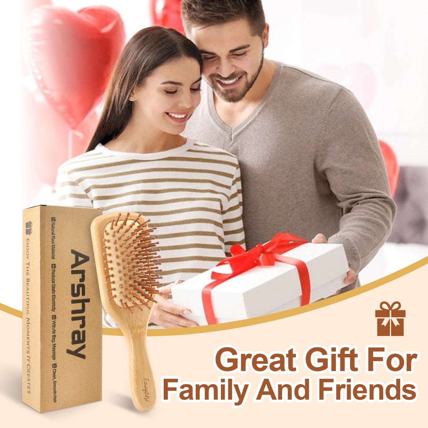 Arshray bamboo paddle brush on display with packaging