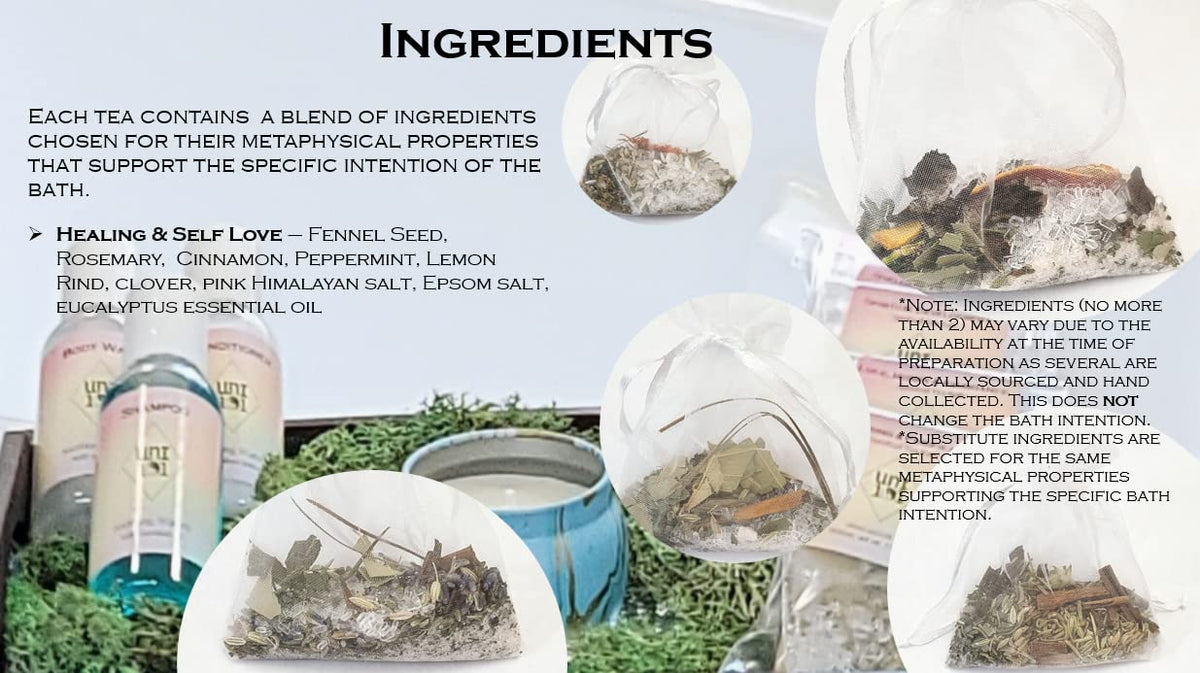 Uni101 Healing And Self-Love Spiritual Tea Bath arranged with spa elements