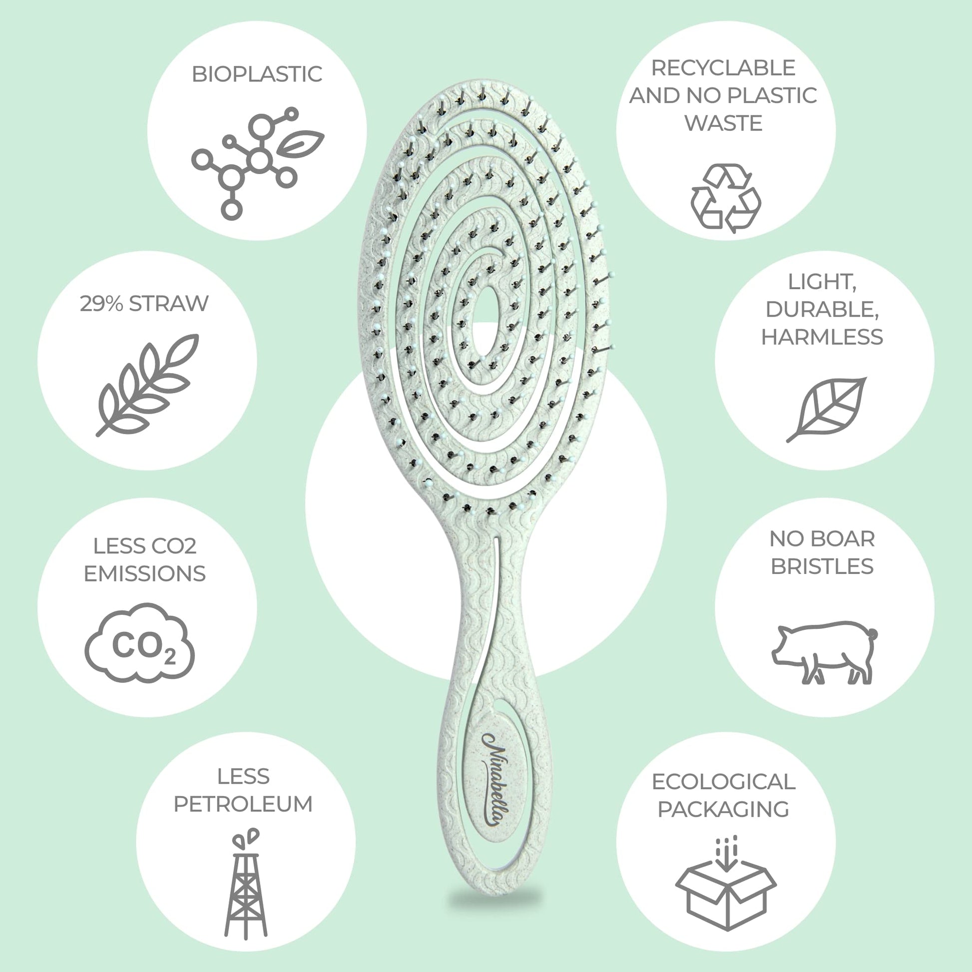 Hand holding sage green Ninabella eco-friendly hair brush
