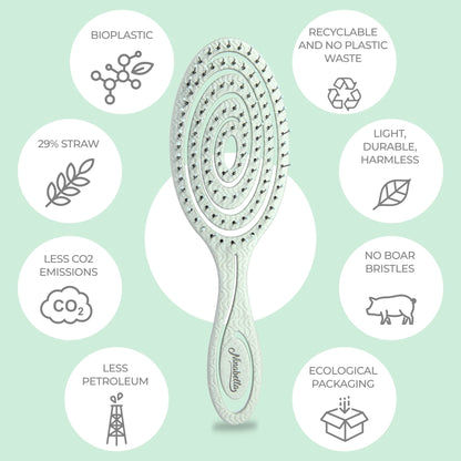 Hand holding sage green Ninabella eco-friendly hair brush