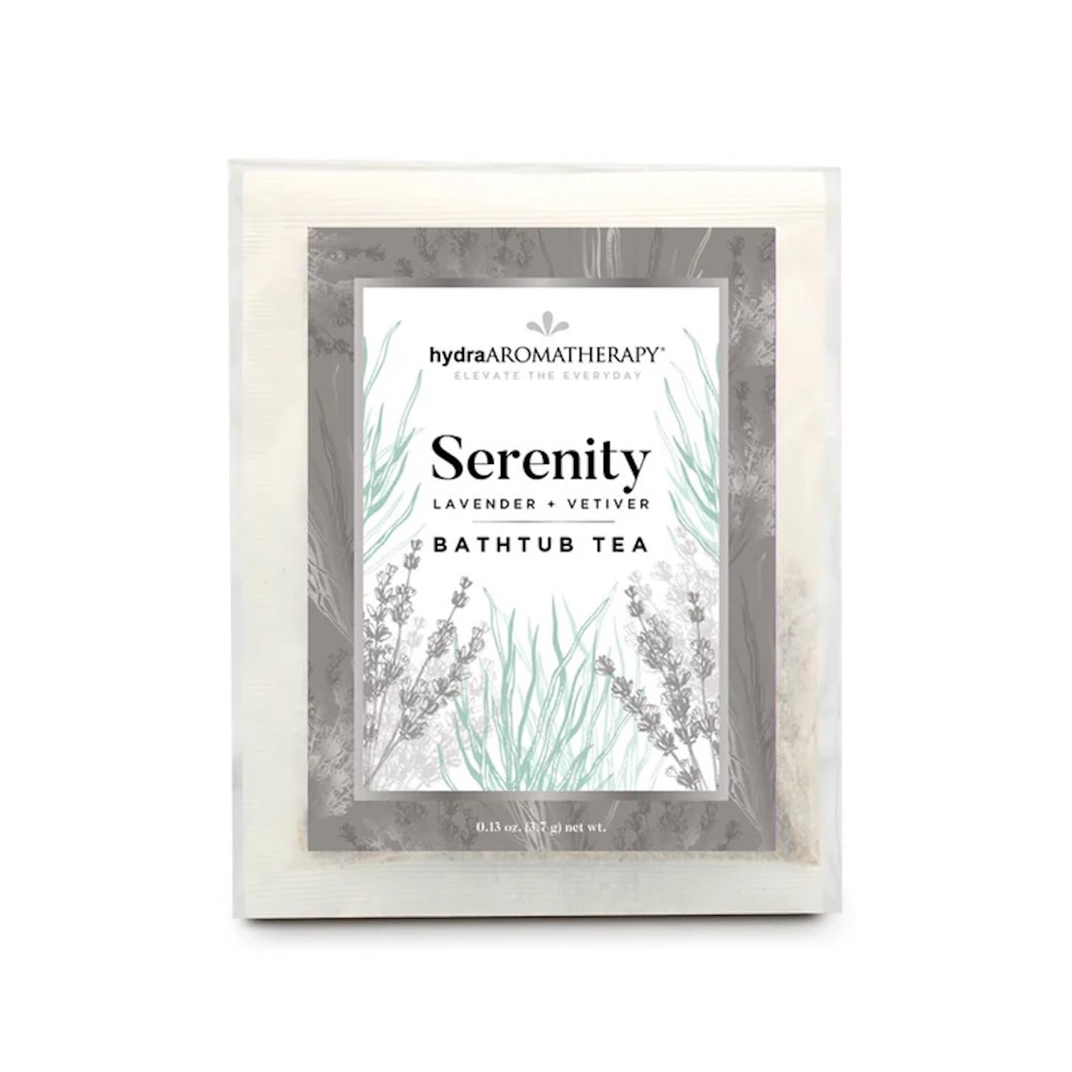 HydraAromatherapy Serenity herbal bath tea sachet in silver packaging