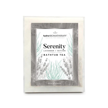 HydraAromatherapy Serenity herbal bath tea sachet in silver packaging