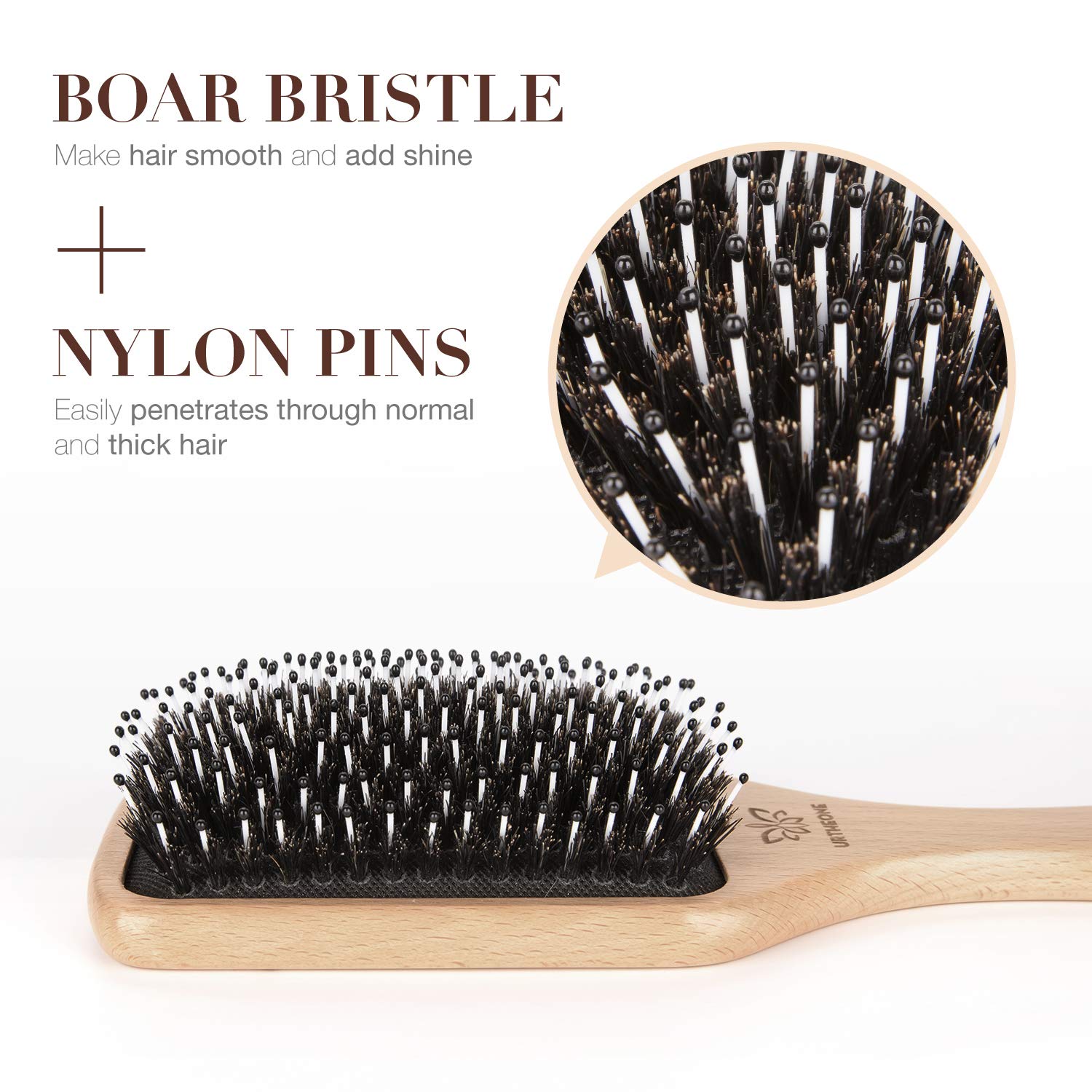 Urtheone wooden hair brush showing boar bristles and nylon pins