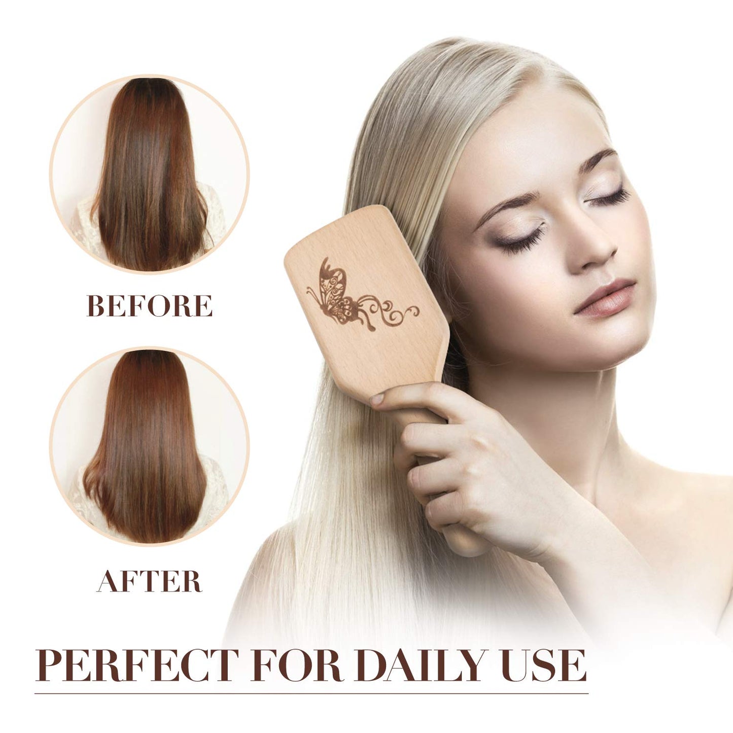 Side profile of Urtheone paddle hair brush wooden handle