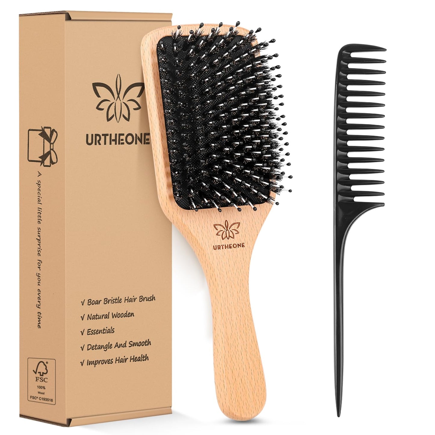 Lifestyle shot of Urtheone boar bristle brush on vanity