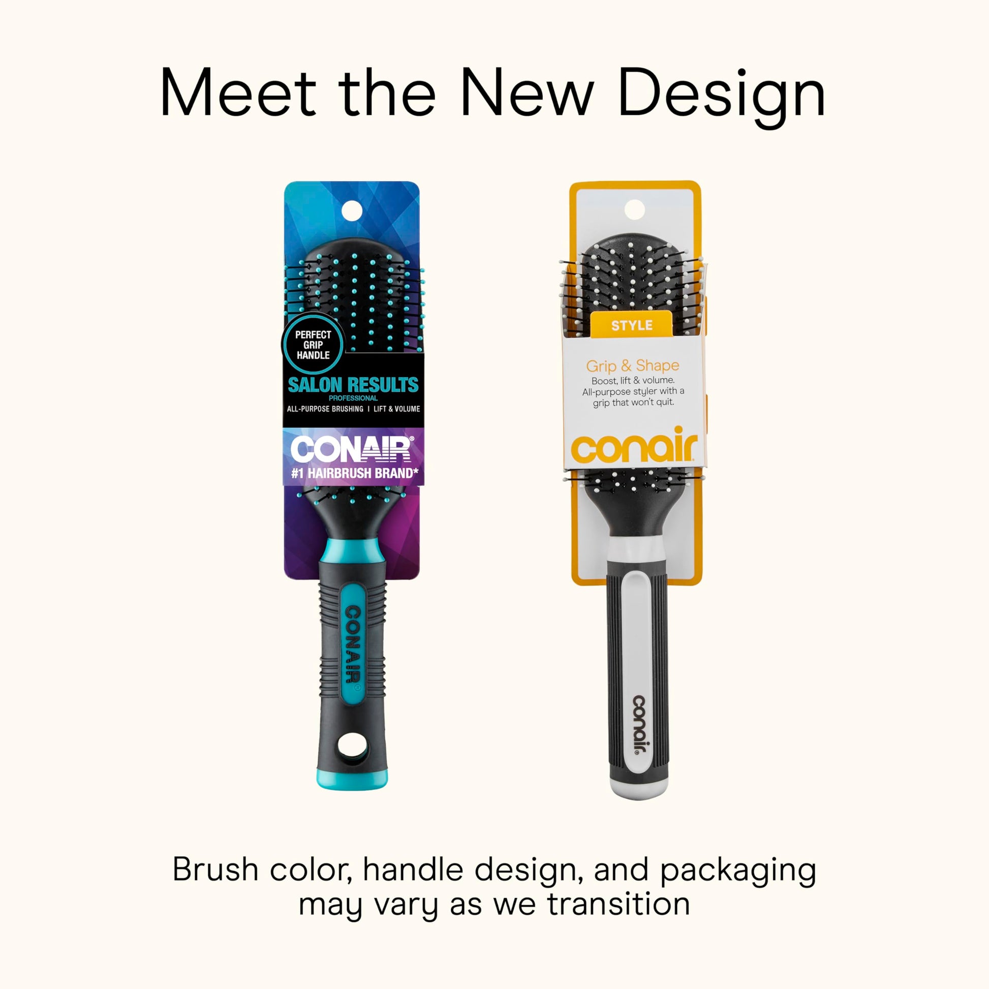 Conair all-purpose cushion hair brush highlighting the textured ergonomic black rubberized grip handle for non-slip styling.