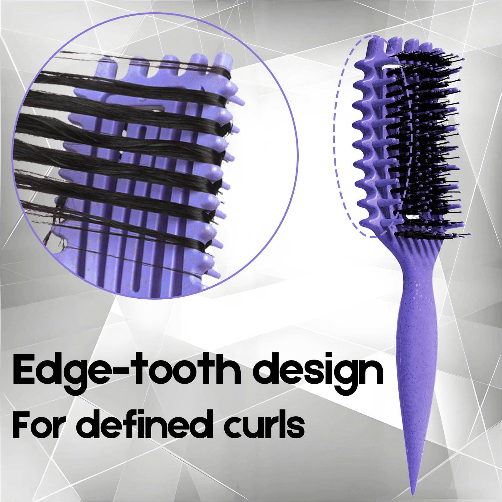 Vented bristle layout of purple curly hair styling brush