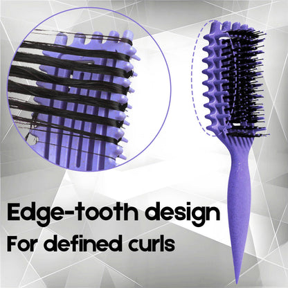 Vented bristle layout of purple curly hair styling brush