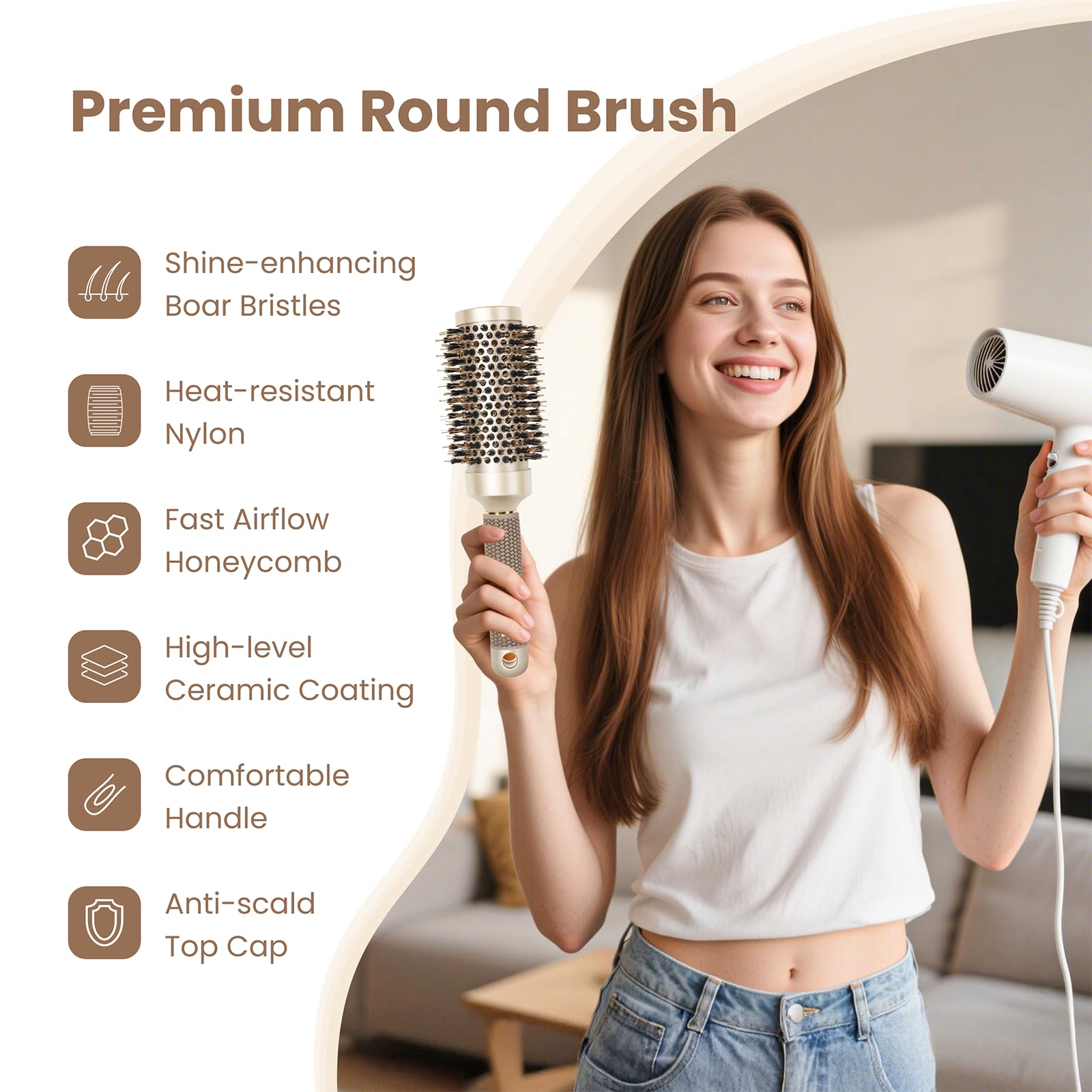 Ergonomic non-slip handle of Aimike round hair styling brush