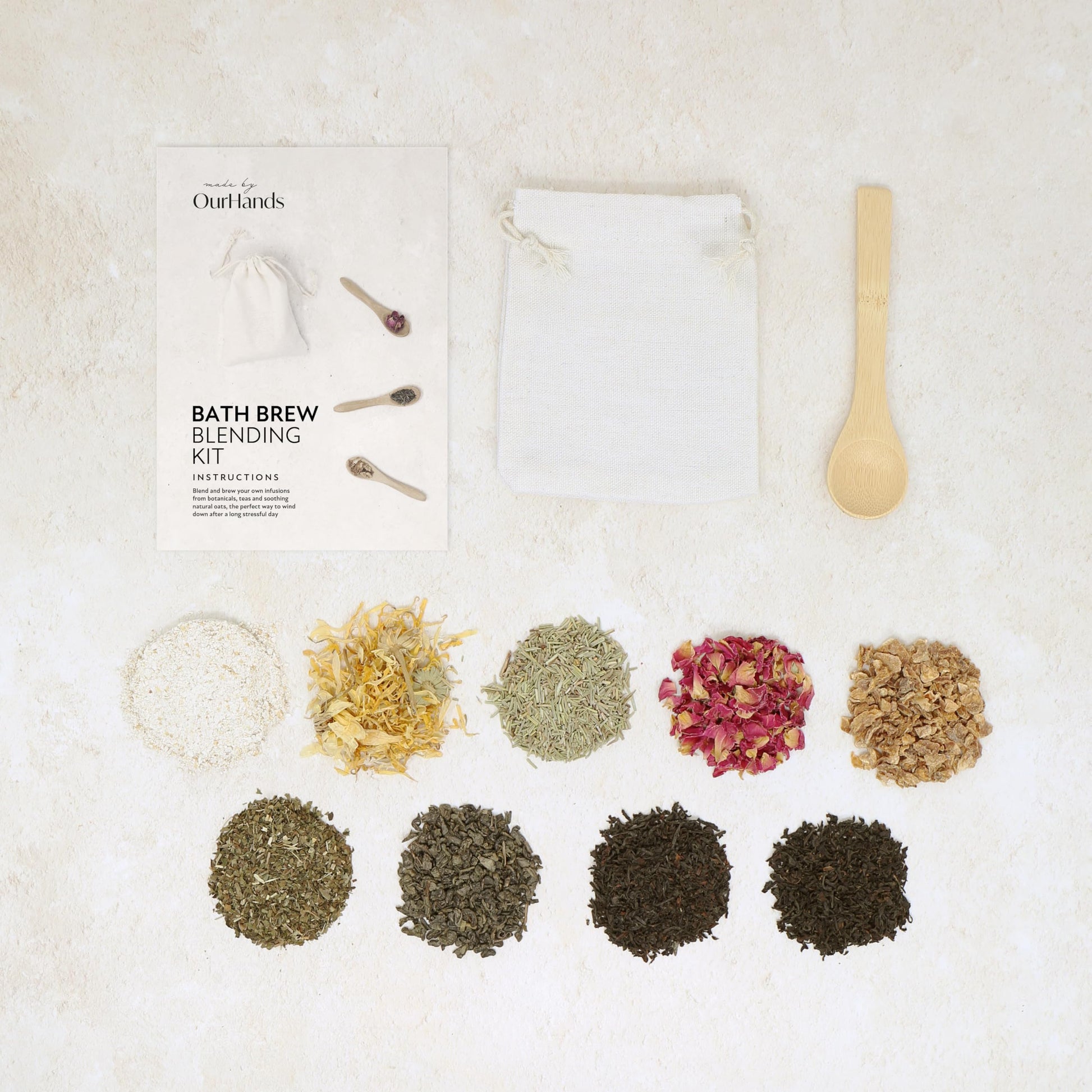 OurHands DIY bath tea infusion tools and botanical ingredients