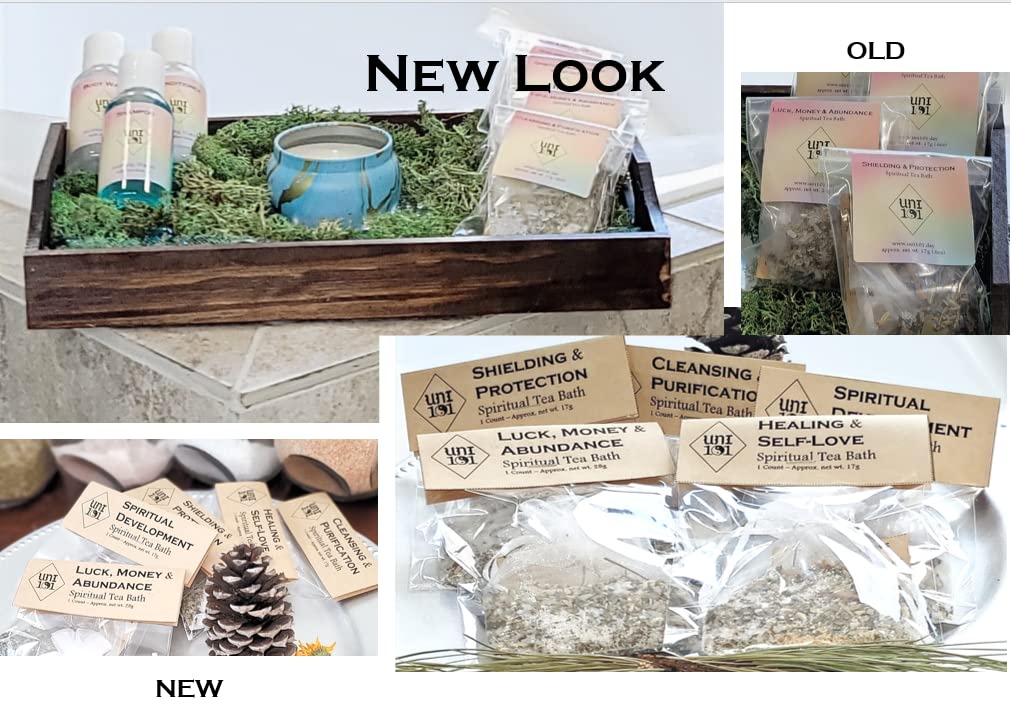 Uni101 spiritual tea bath packaging with botanical elements and pinecone