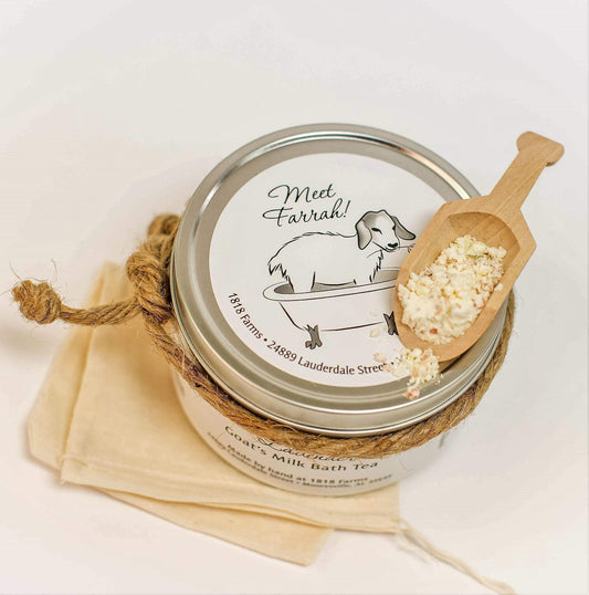1818 Farms Lavender Goat's Milk Bath Tea with muslin bag and wooden spoon