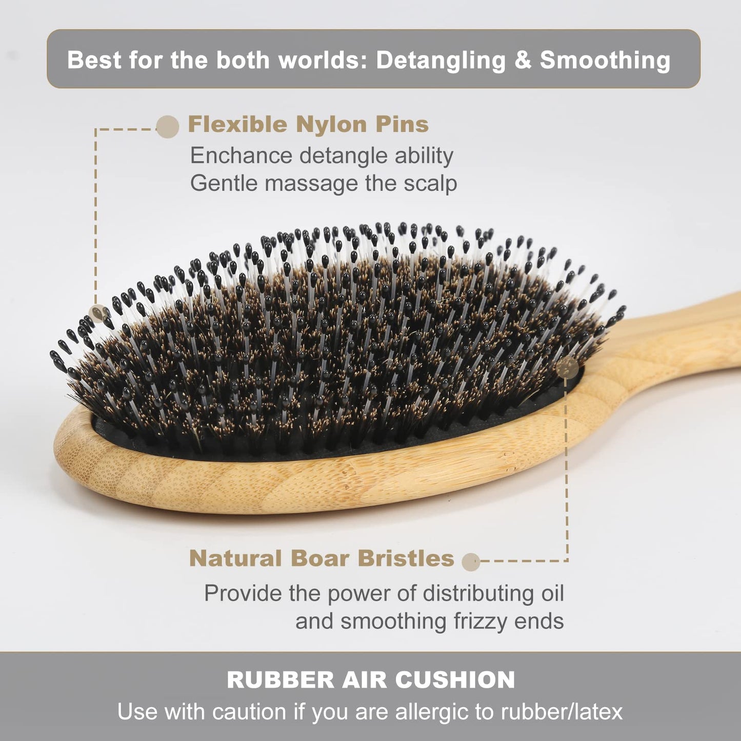 BESTOOL natural bamboo wooden hairbrush angled view highlighting the flexible rubber massage cushion.