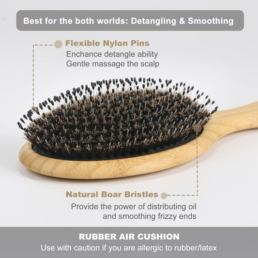 BESTOOL natural bamboo wooden hairbrush angled view highlighting the flexible rubber massage cushion.