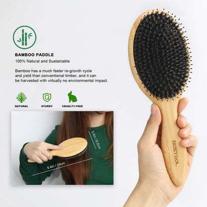 BESTOOL large paddle hairbrush close up of the combined boar hair bristles and detangling nylon pins.