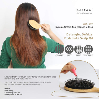 BESTOOL anti static hair brush side profile showing the ergonomic sustainable bamboo wood handle.