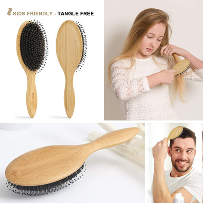 BESTOOL boar bristle brush set including the round paddle brush and the included miniature cleaning tool.