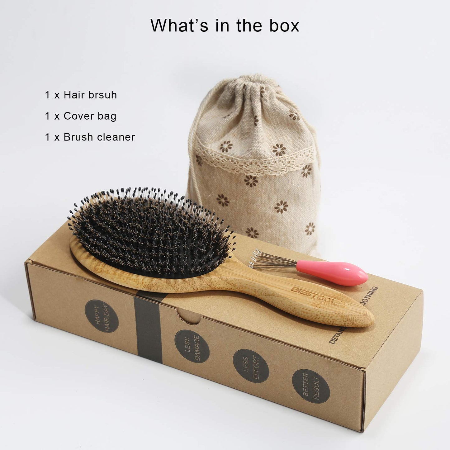 BESTOOL premium hair brush packaging showcasing the original gift box and fabric storage pouch accessory.