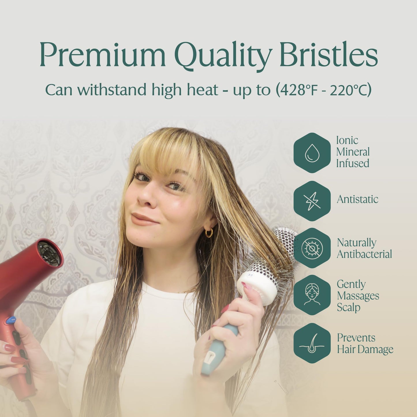 Close up of nylon bristles on Osensia professional round brushing brush