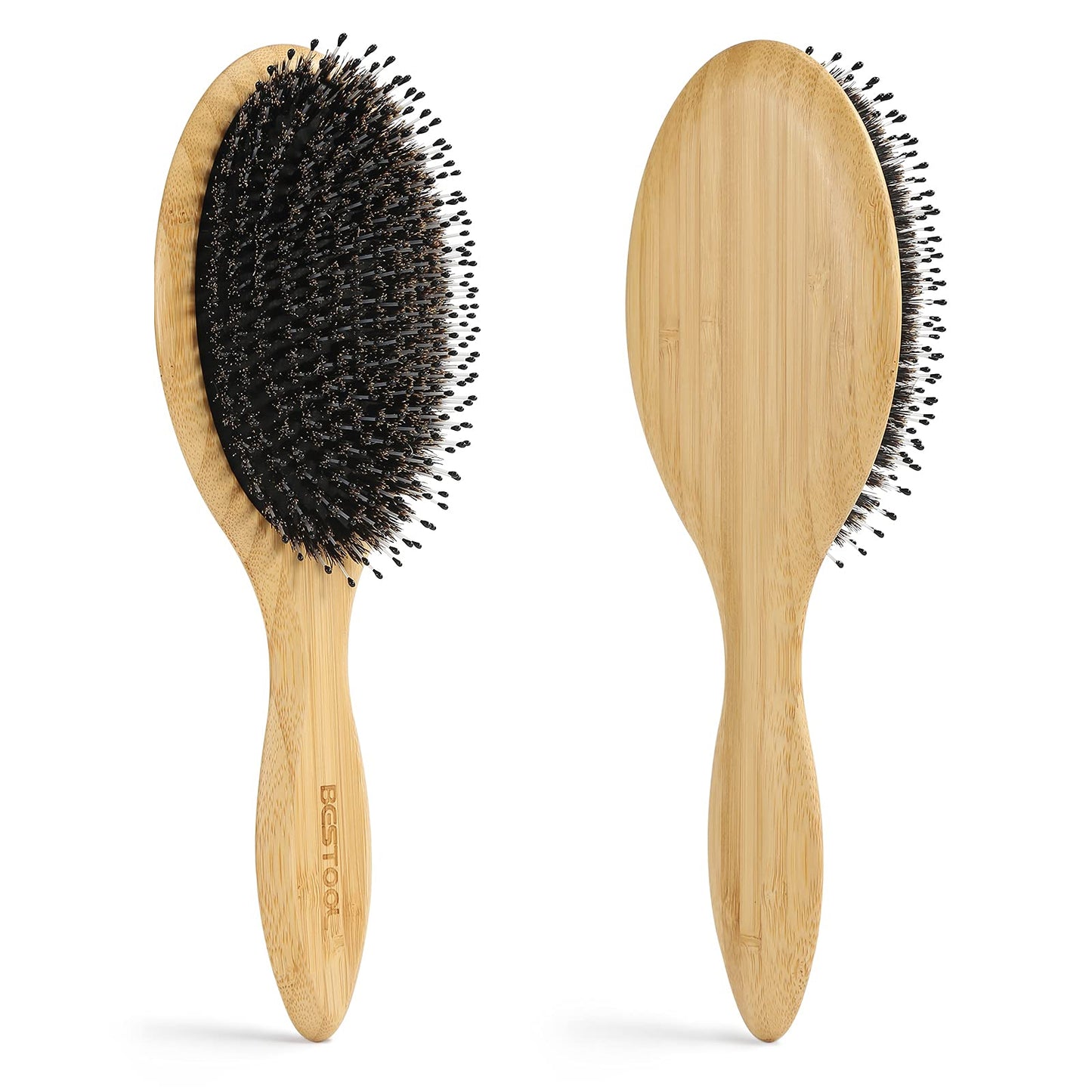 BESTOOL boar bristle hair brush being used for scalp massage and detangling on thick hair.