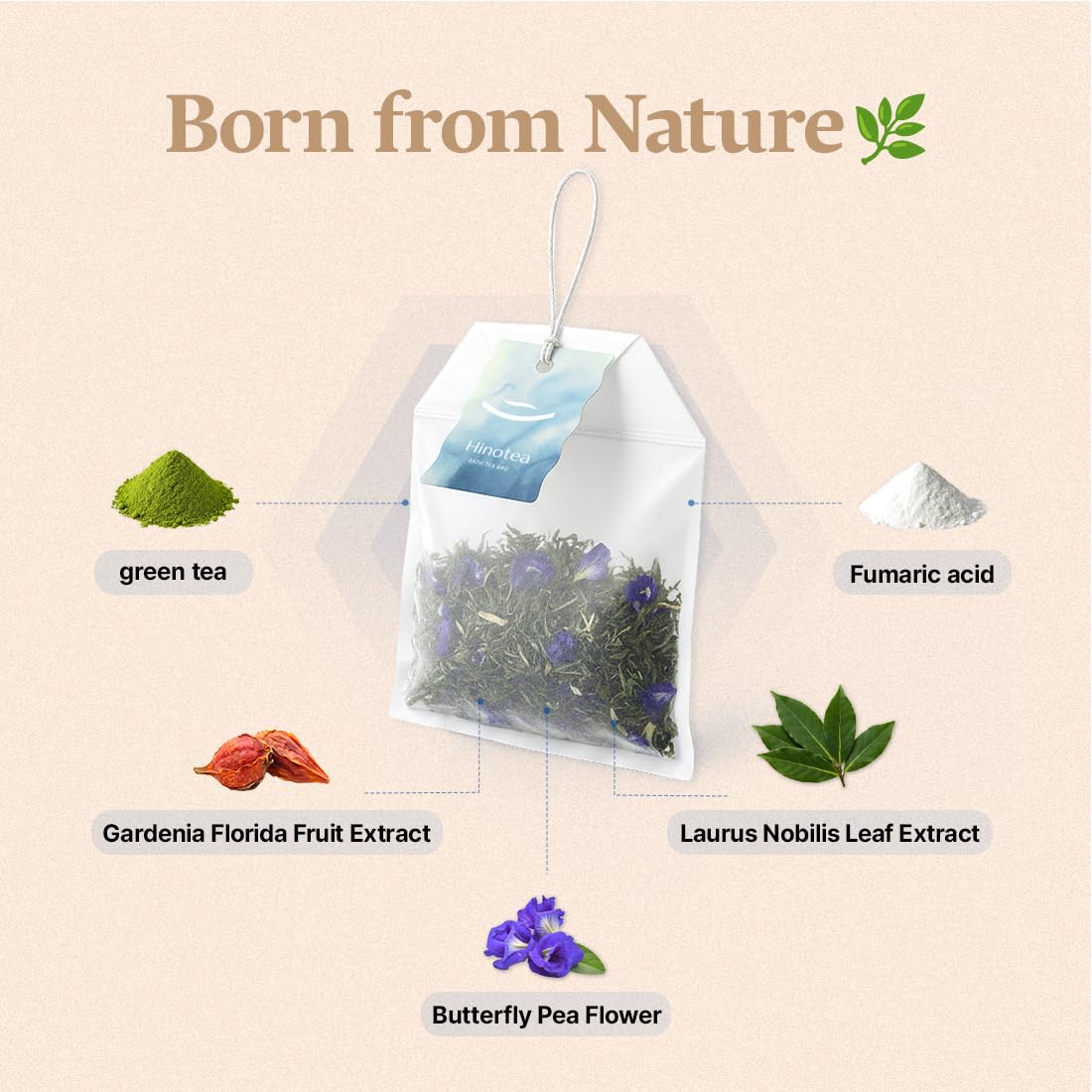 Close up of Hinotea botanical tea blend for bath