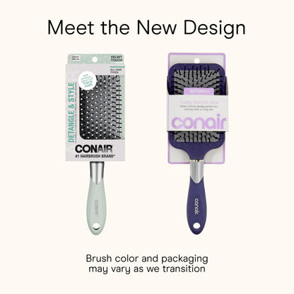 Conair detangling paddle brush showcasing the flexible cushion base and ball-tipped bristles.