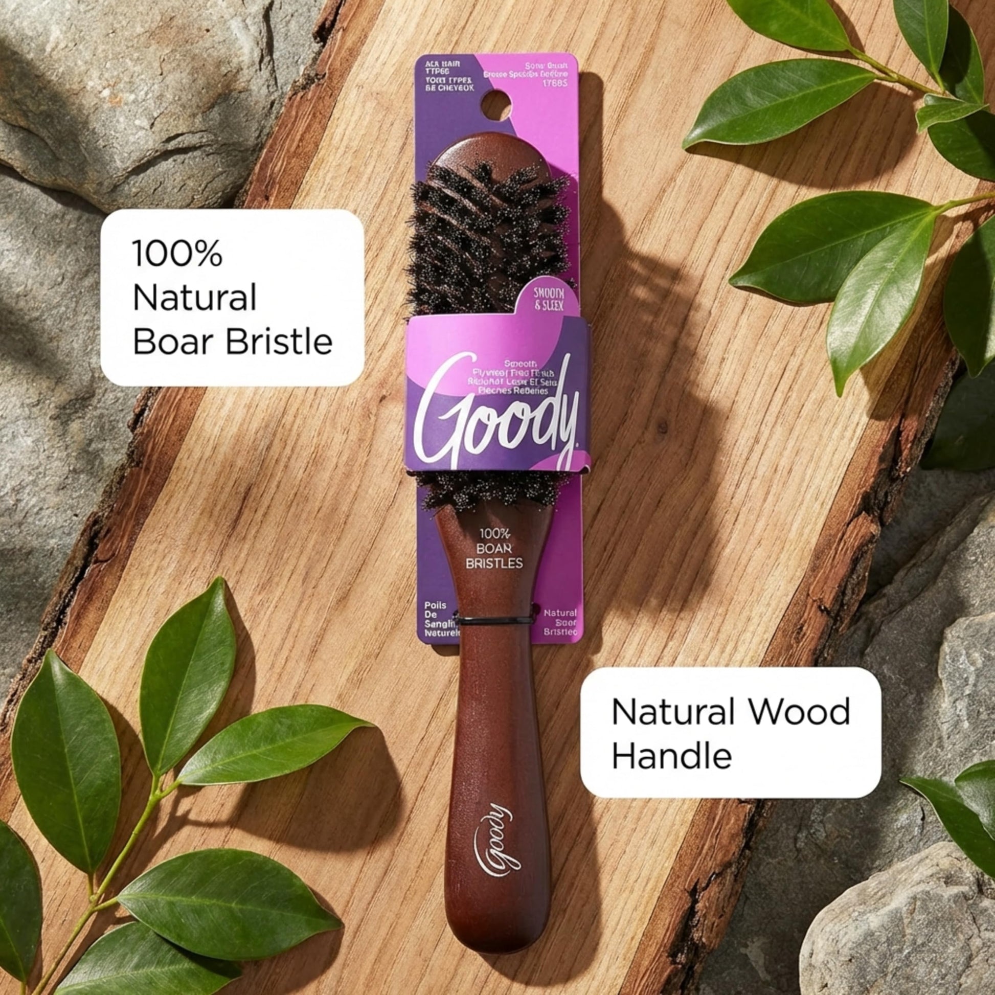 Goody styling essentials wood brush resting on a vanity setup for lifestyle display