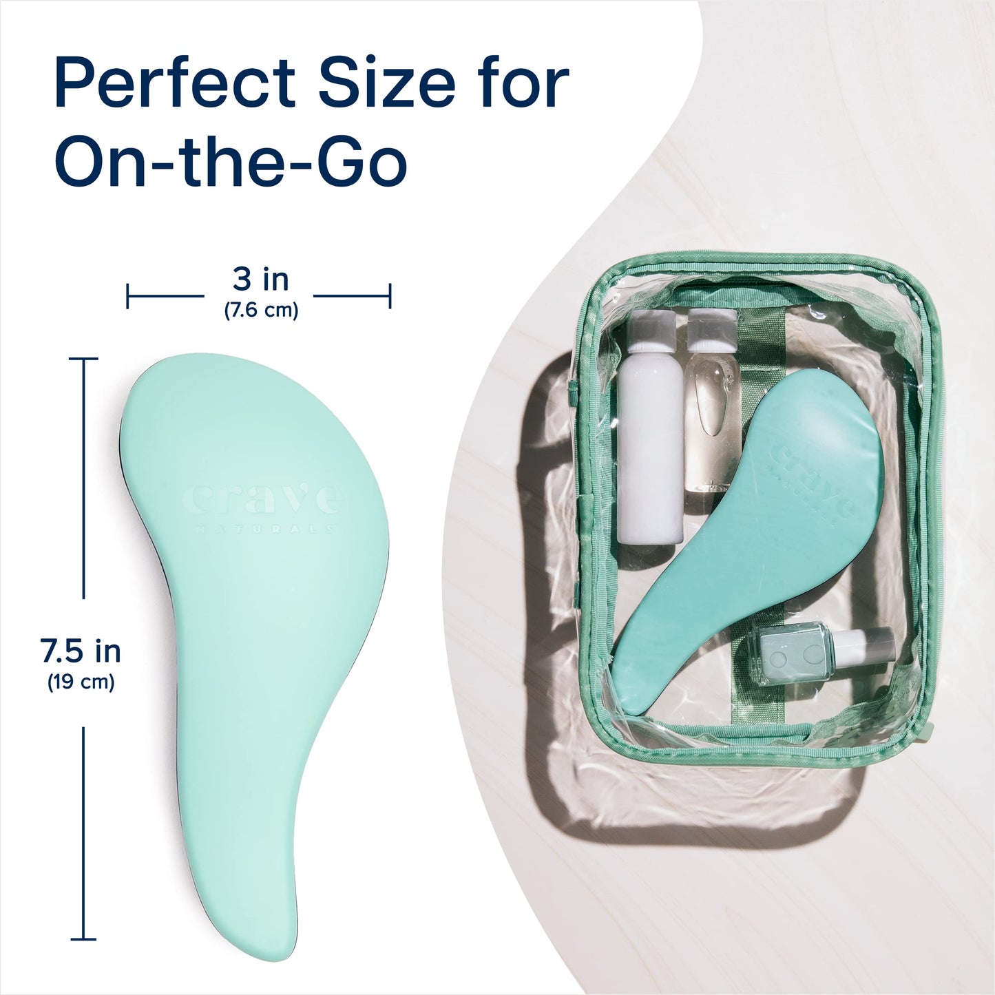 Side view of the 7.5 x 3 inches turquoise hairbrush highlighting the smooth curved bristle bed.