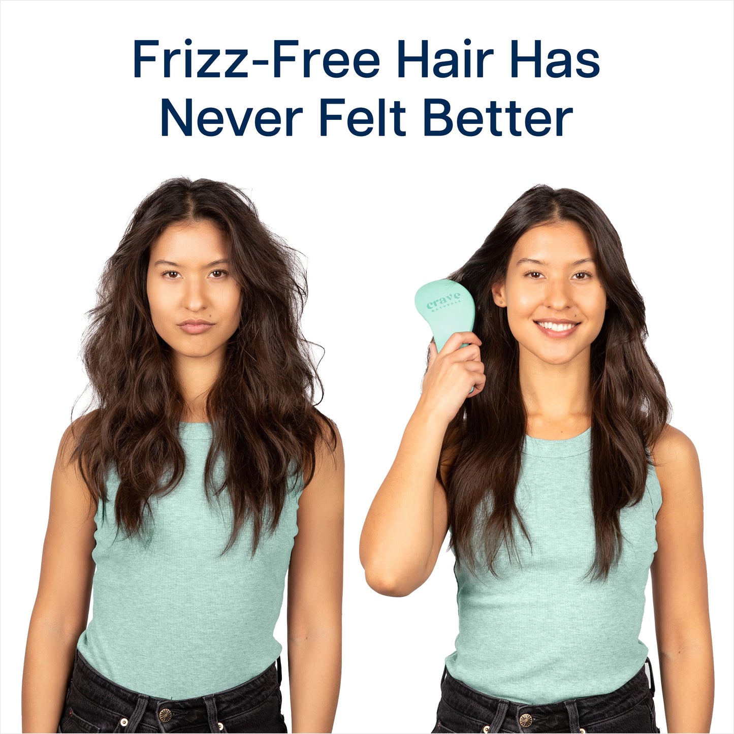 Crave Naturals detangler brush being held to demonstrate the compact and portable design for adults and kids.
