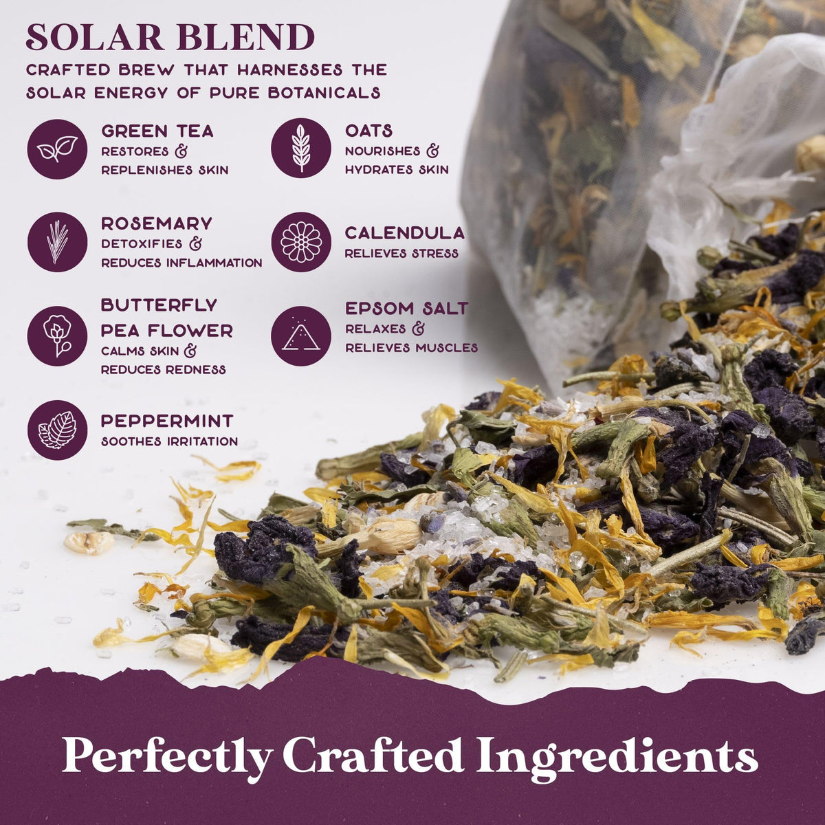 Close-up of Purple Canyon solar blend tea bags with dried flowers