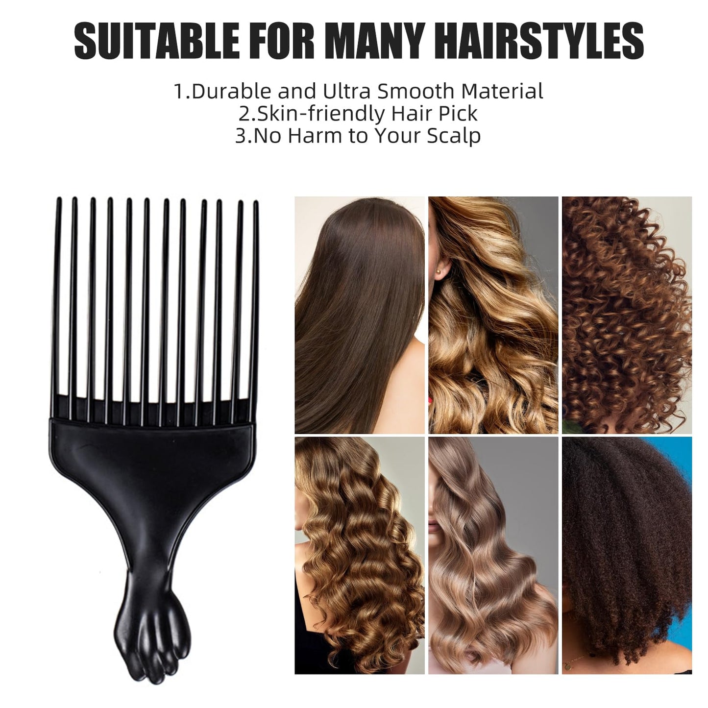 Ergonomic fist handle hair pick comb for gentle root lifting and volume enhancement.