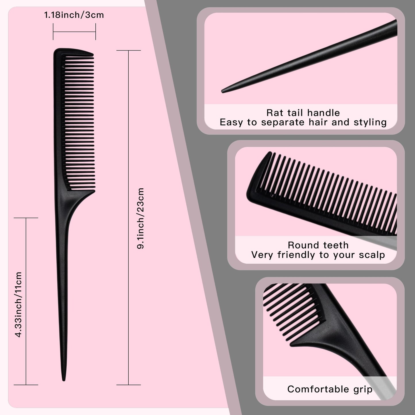 Jazzy Pearls rattail comb showing the tapered handle for hair sectioning