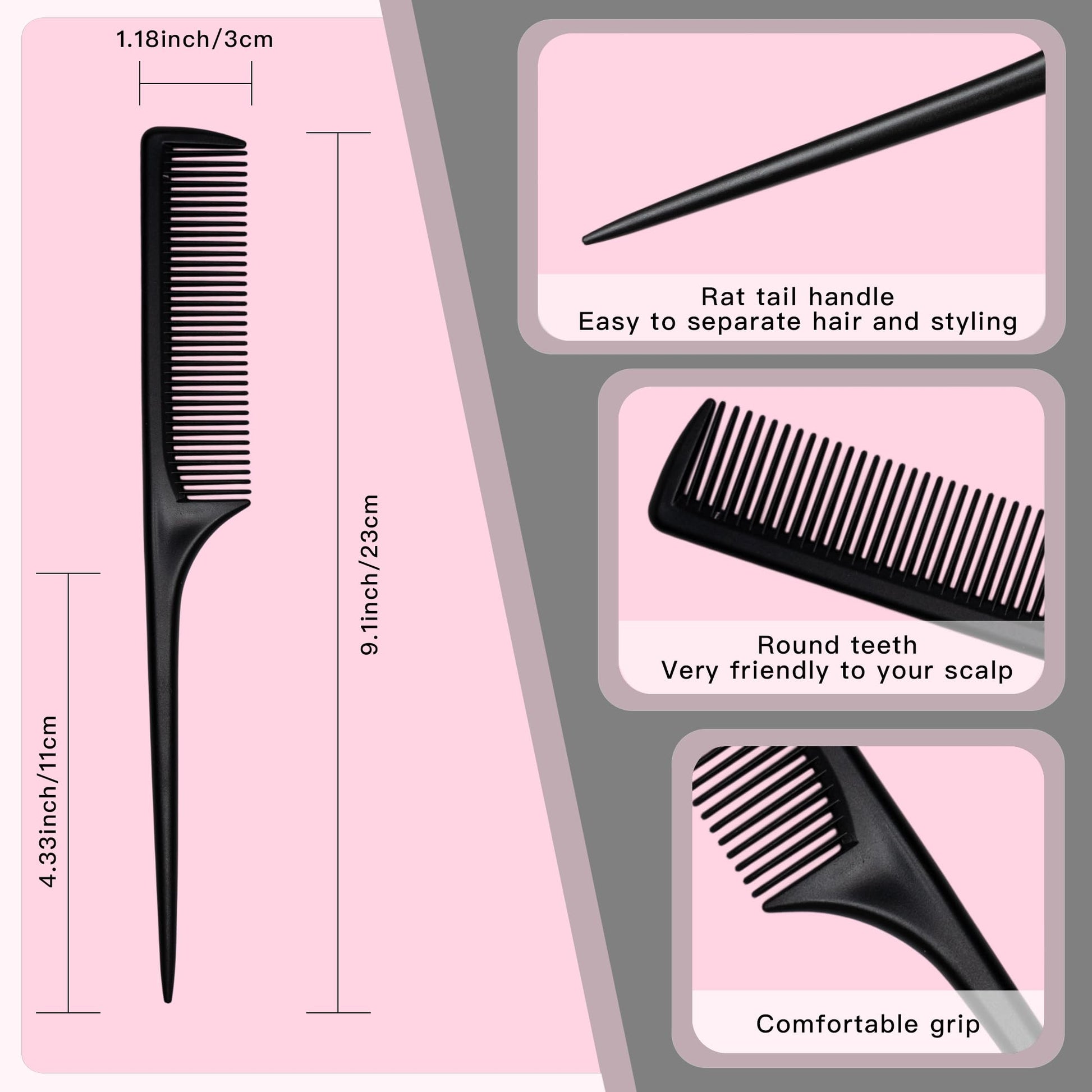 Jazzy Pearls rattail comb showing the tapered handle for hair sectioning