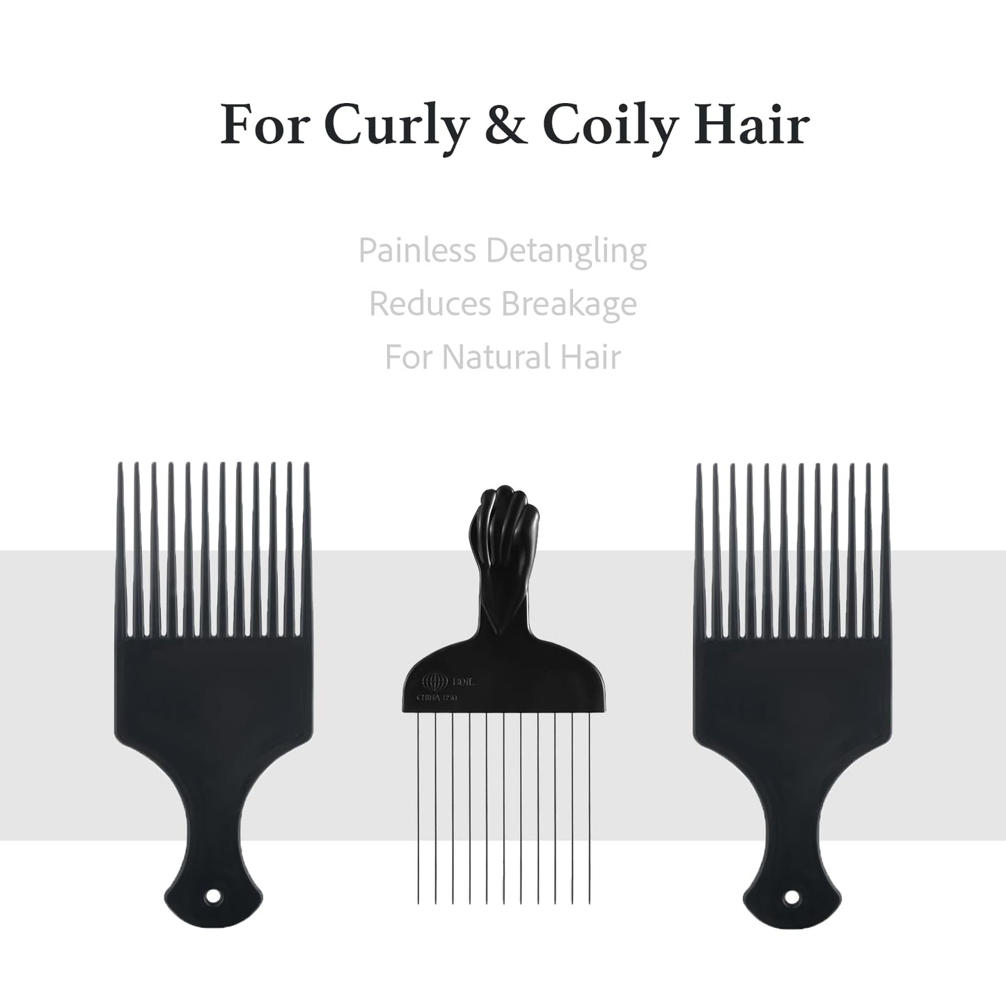 Two black plastic afro combs for styling and detangling.