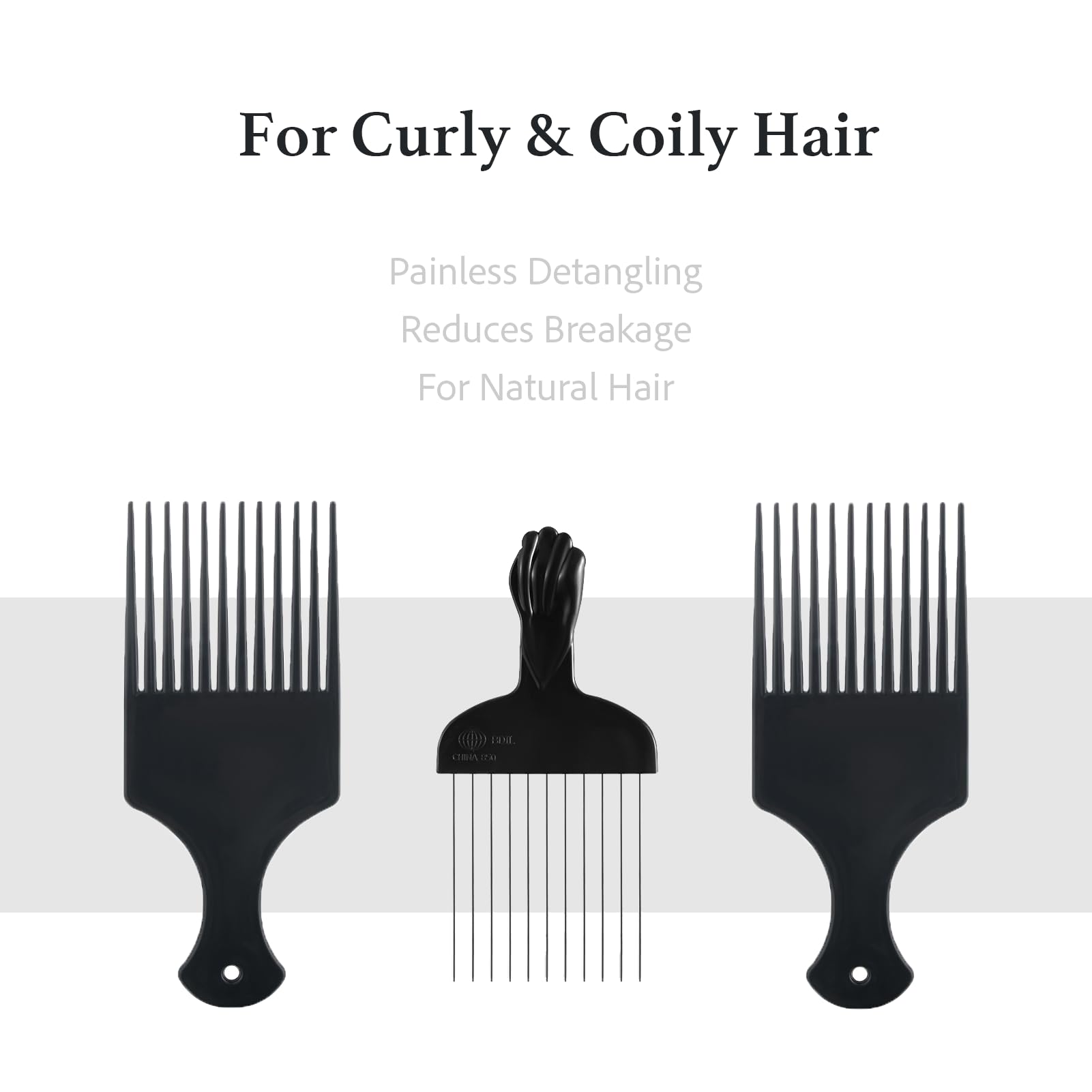 Two black plastic afro combs for styling and detangling.