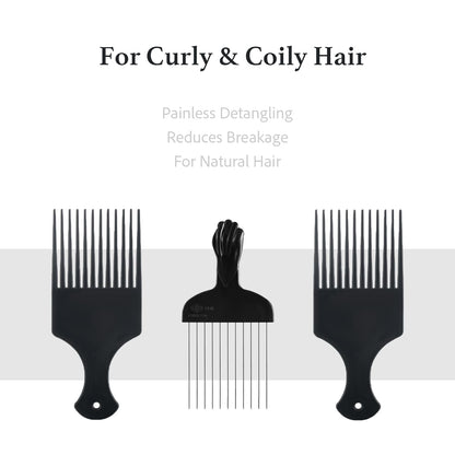 Two black plastic afro combs for styling and detangling.