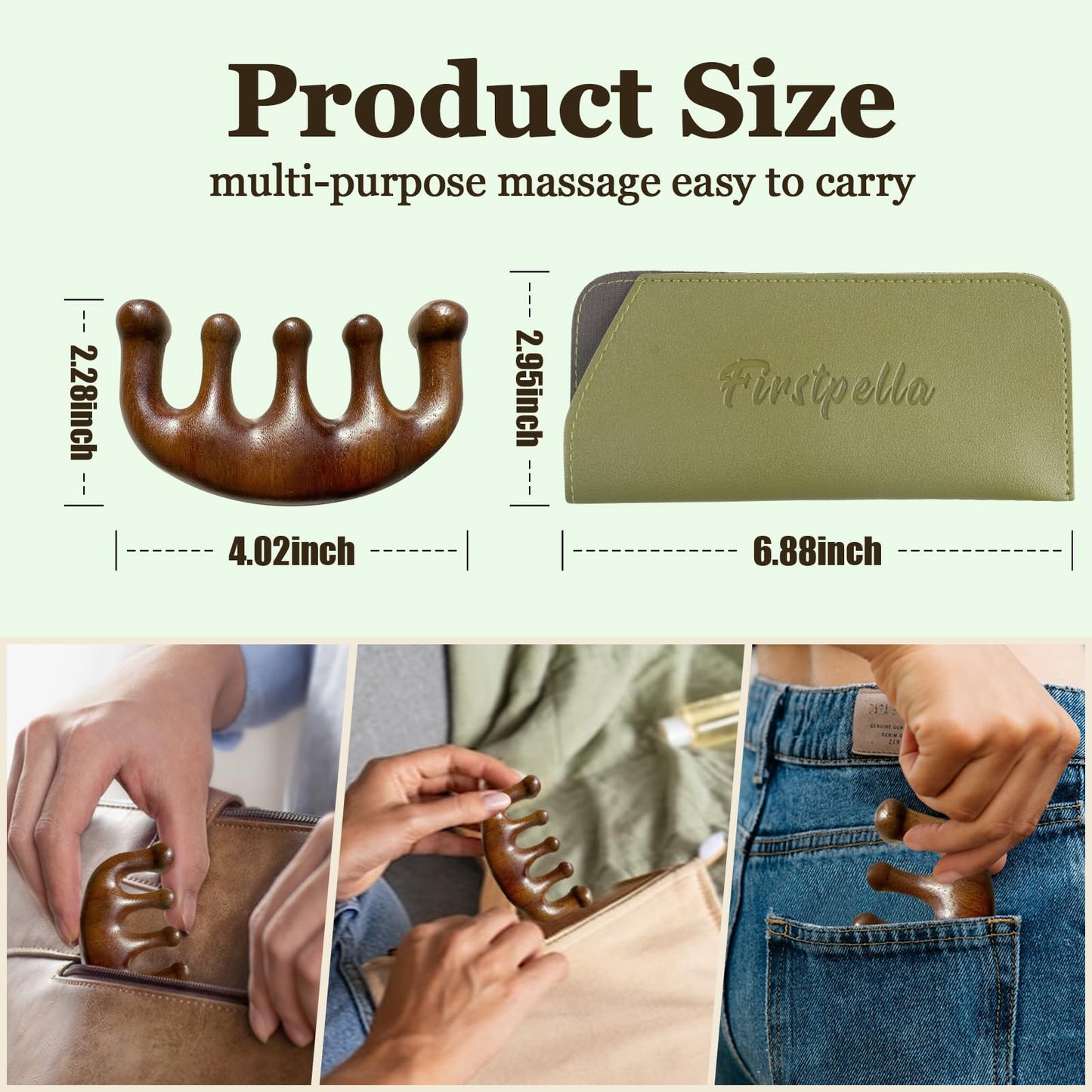 Person using Firstpella wooden comb for scalp massage