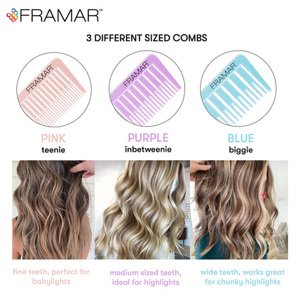 Three Framar Dreamweaver combs showing stainless steel tails