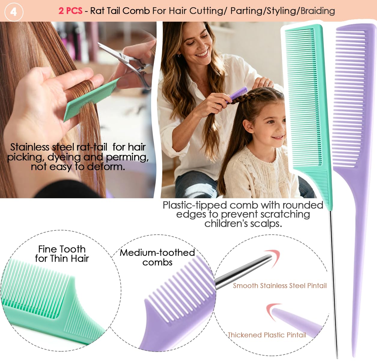 Rat-tail comb for precise hair sectioning and parting