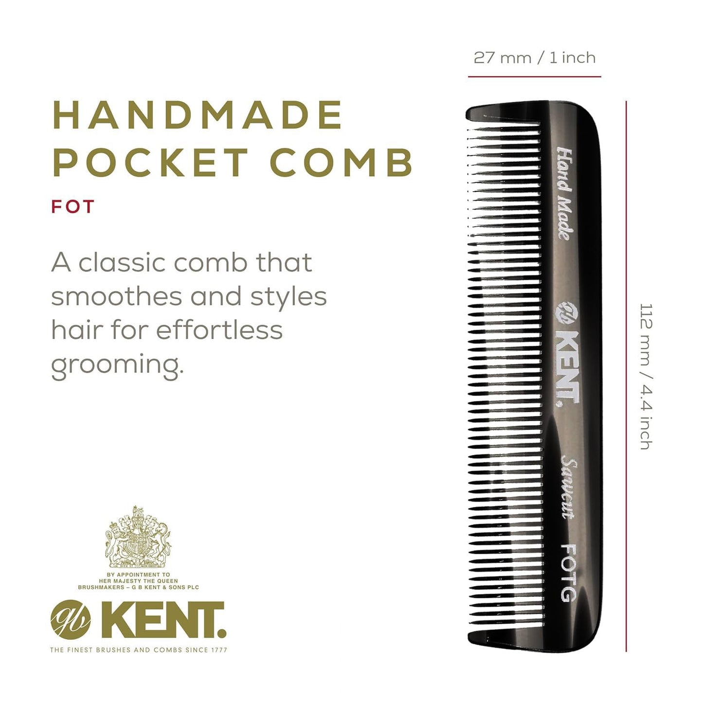 Side profile of Kent FOT fine tooth styling comb