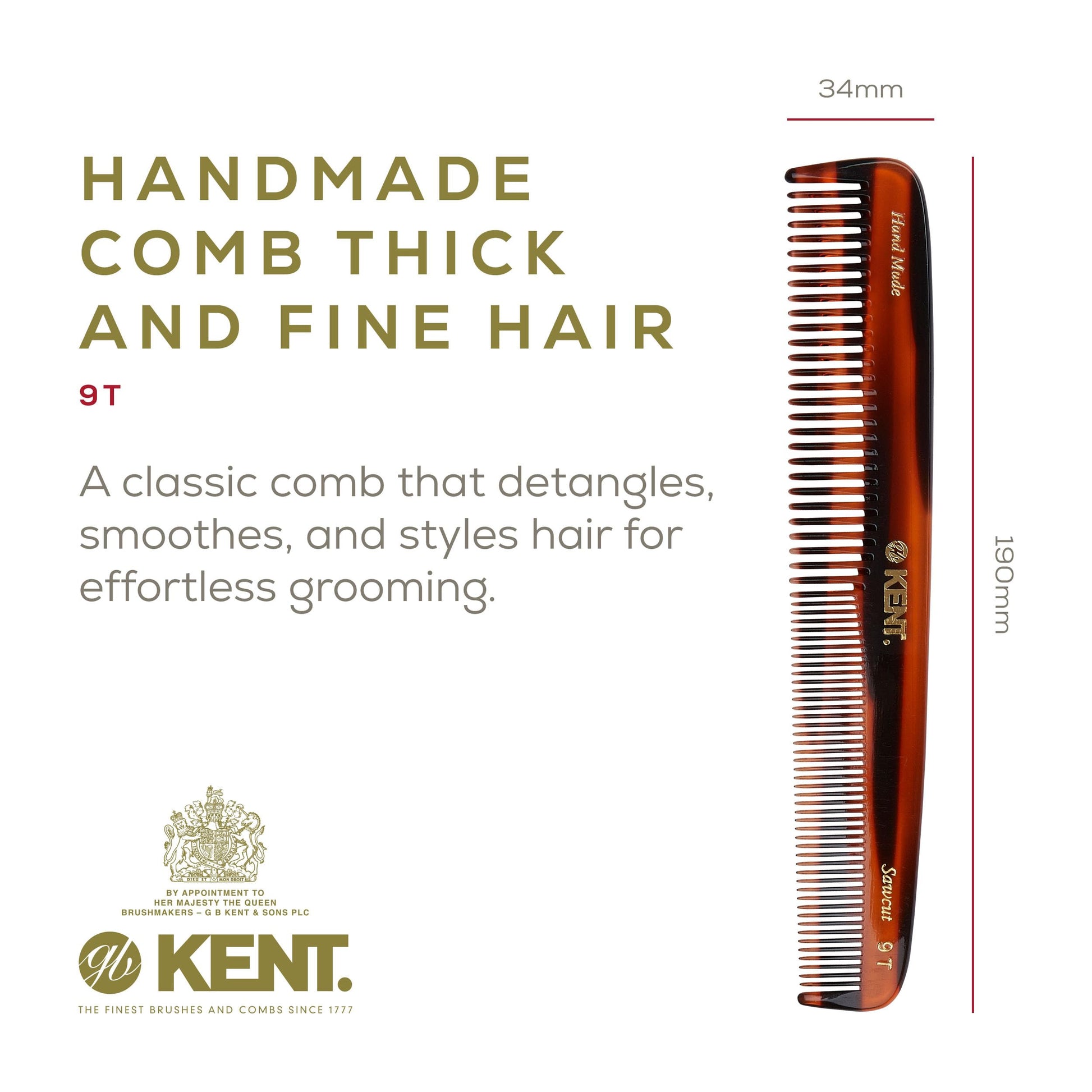 Handmade Kent 9T cellulose acetate comb showcasing the dark brown tortoiseshell finish pattern.