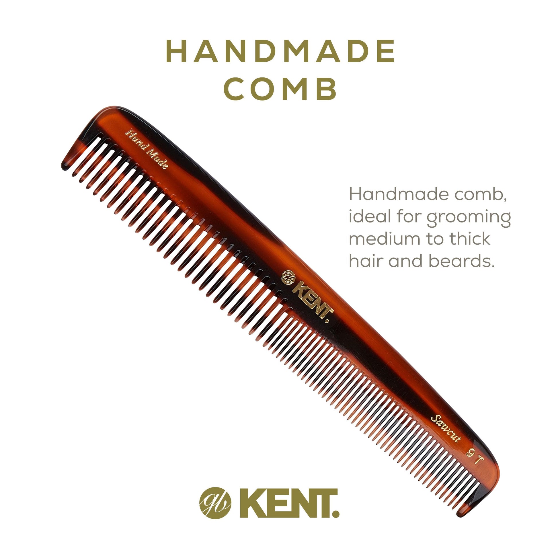 Close-up view of the saw-cut rounded teeth on the Kent 9T premium grooming comb.