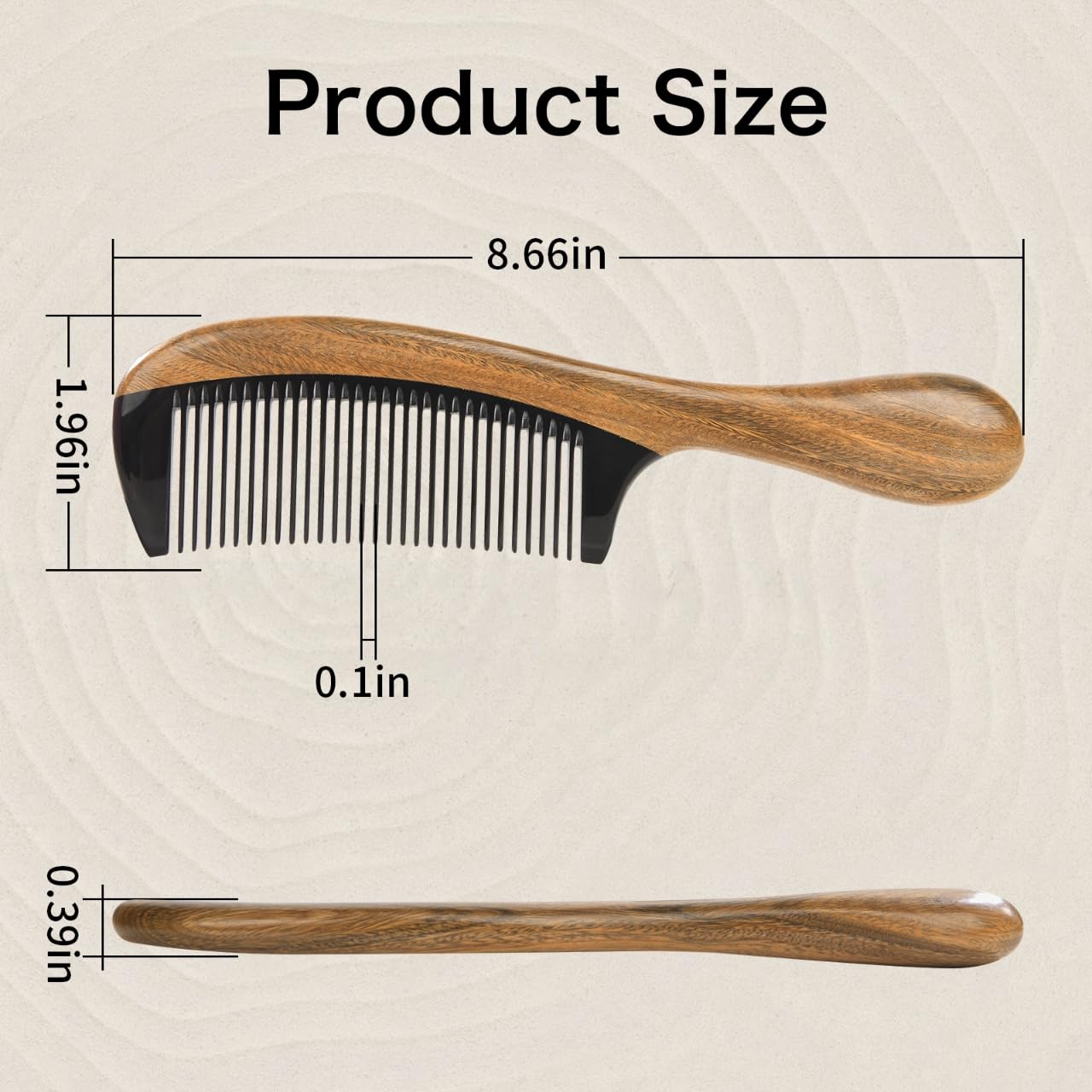 Close up of fine buffalo horn teeth on Onedor sandalwood comb