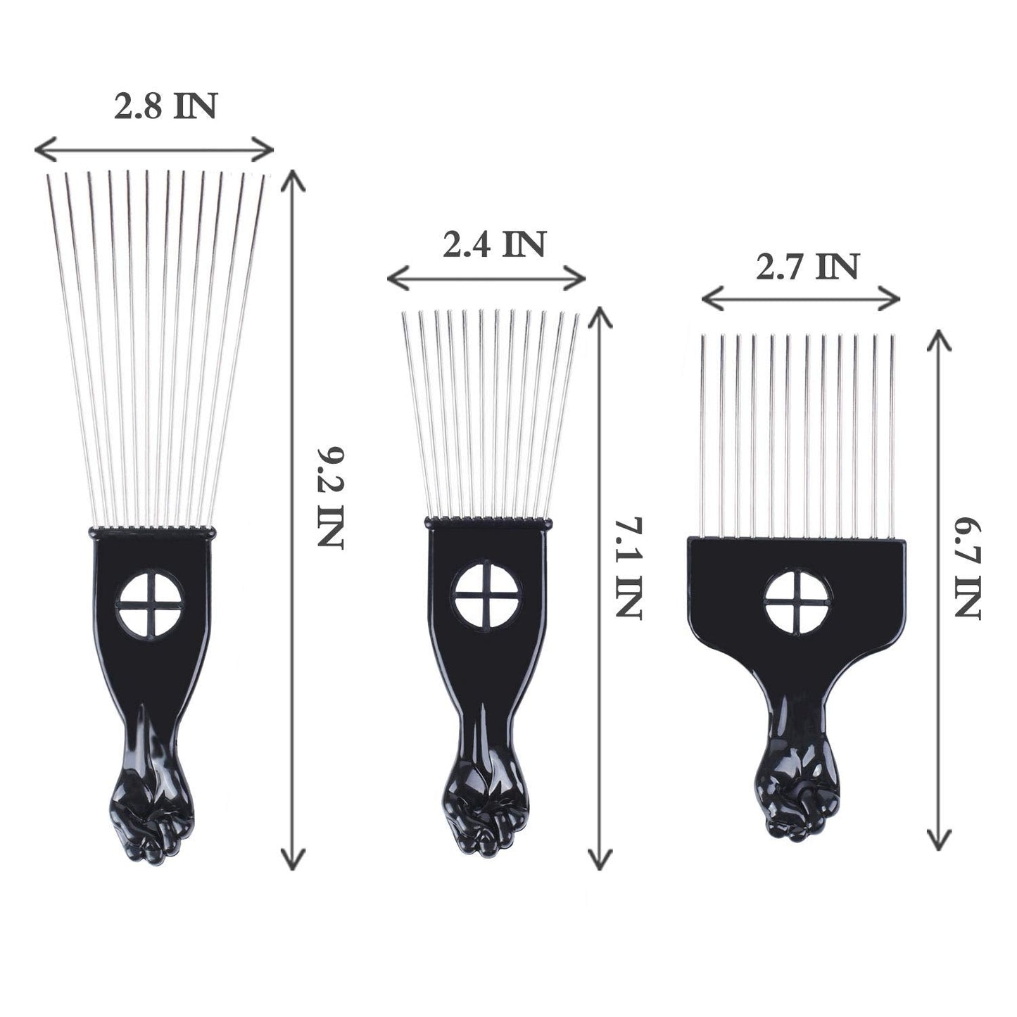 Close up of black fist handle on metal afro comb