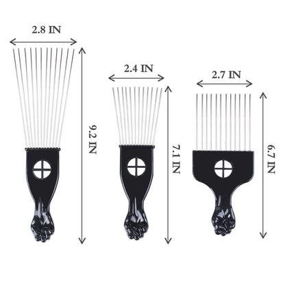 Close up of black fist handle on metal afro comb